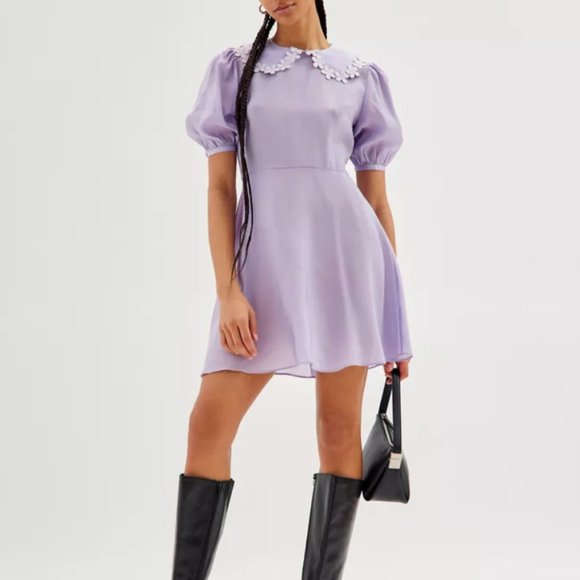 NEW Glamorous Lilac Floral Lace Trim Collared Puff Sleeve Mini Dress Sz Small - Picture 1 of 11